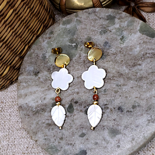 White flower and leaf dangling earrings. 