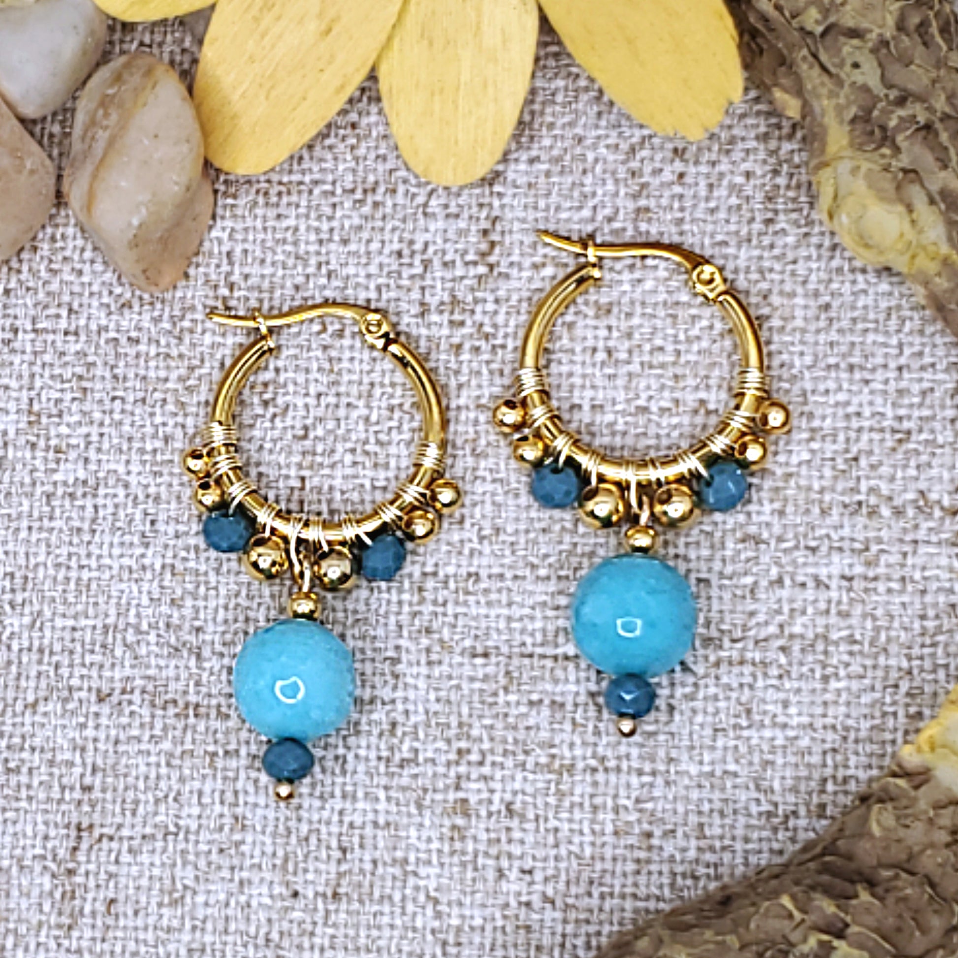 Small gold hoop earrings with faceted blue jade bead. 